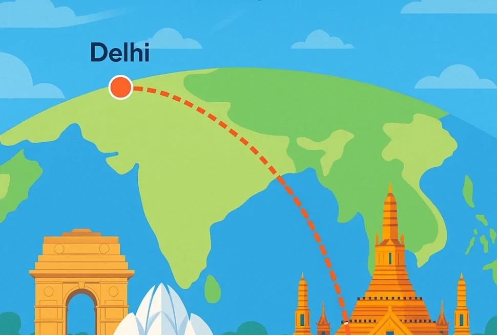 delhi to bangkok map shwing flying root