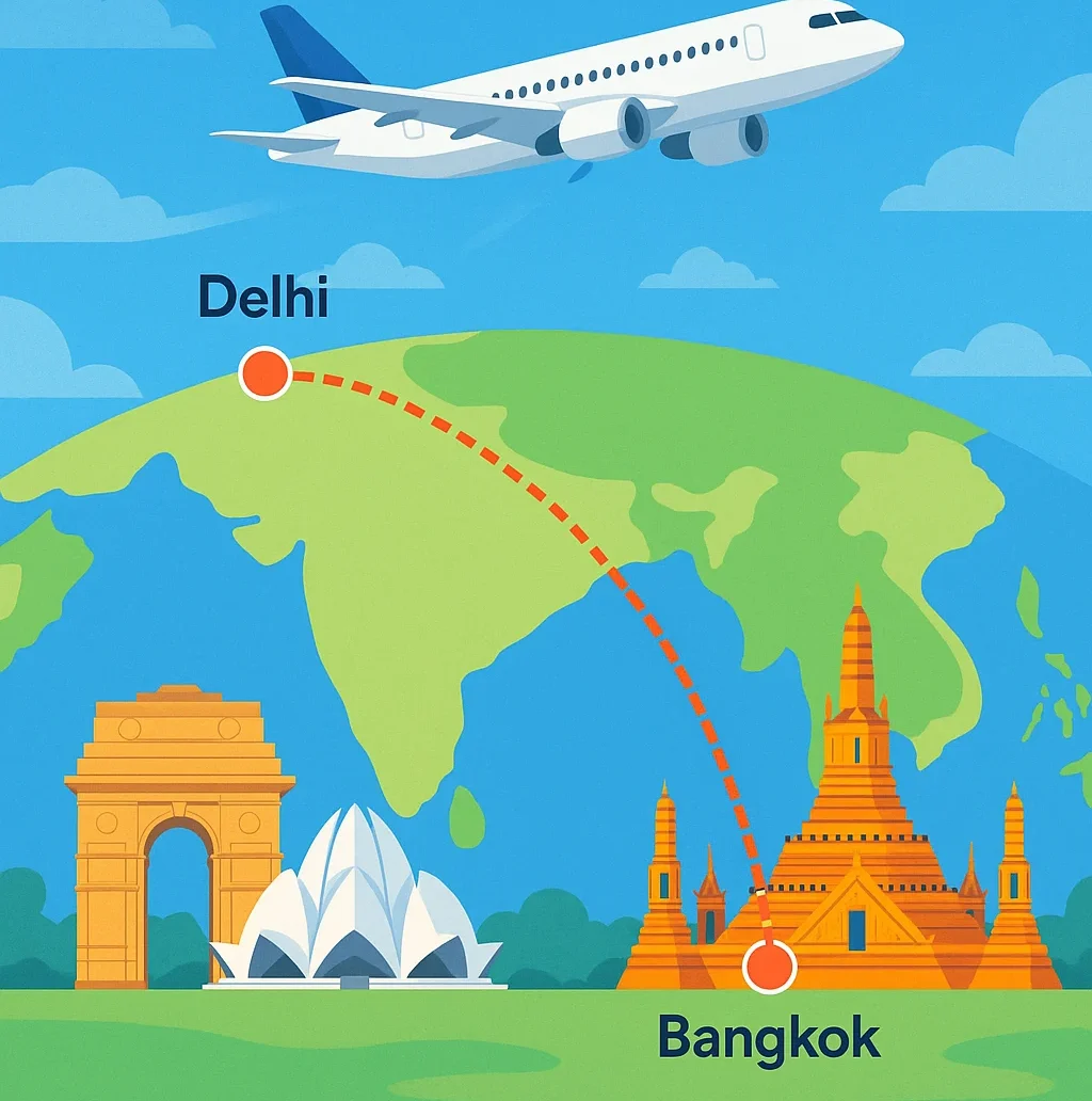 delhi to bangkok map shwing flying root