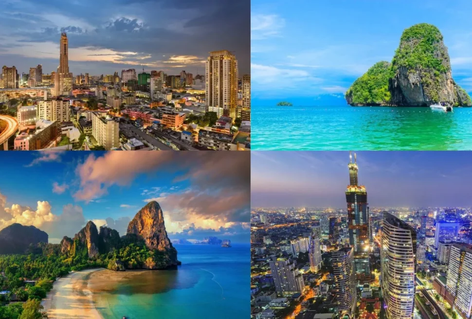 Wide banner showing Phi Phi Islands, Bangkok skyline, and Krabi beach – best Thailand tour destinations from India