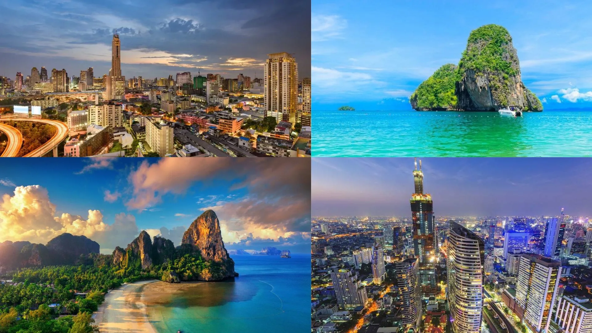 Wide banner showing Phi Phi Islands, Bangkok skyline, and Krabi beach – best Thailand tour destinations from India