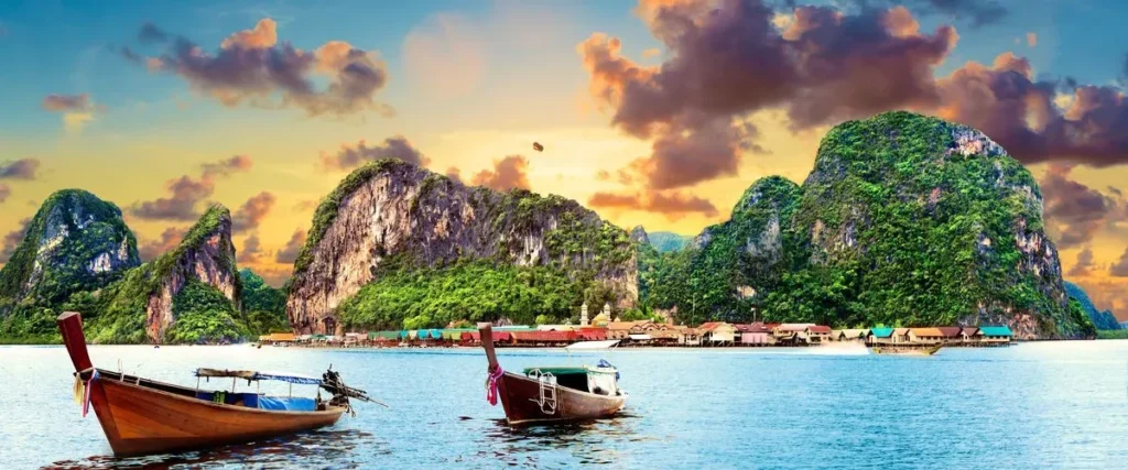 Sunset View with Boat in the Sea Near Beach – Peaceful Coastal Scene Near Bangkok, Thailand