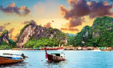 Sunset View with Boat in the Sea Near Beach – Peaceful Coastal Scene Near Bangkok, Thailand