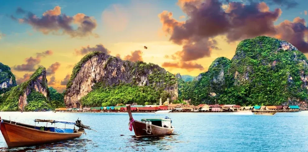 Sunset View with Boat in the Sea Near Beach – Peaceful Coastal Scene Near Bangkok, Thailand