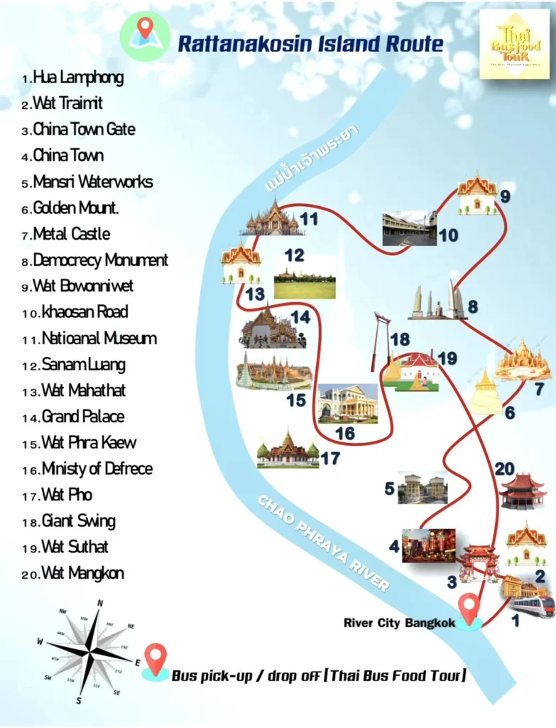 List of Bangkok landmarks covered in Thai Food Bus Tour and map