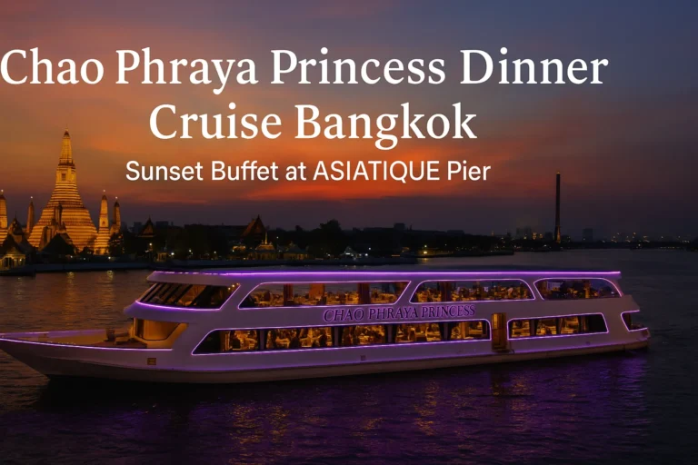 Chao Phraya Princess Dinner Cruise ship sailing on the river at sunset with Bangkok landmarks in the background, showcasing a luxurious dinner buffet experience at ASIATIQUE Pier.