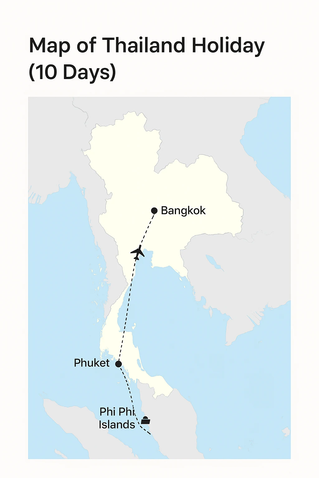 Map showing Thailand holiday route from Bangkok to Phuket and Phi Phi Islands