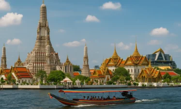 Panoramic view of Wat Arun, Grand Palace, and long-tail boat on the Chao Phraya River in Bangkok