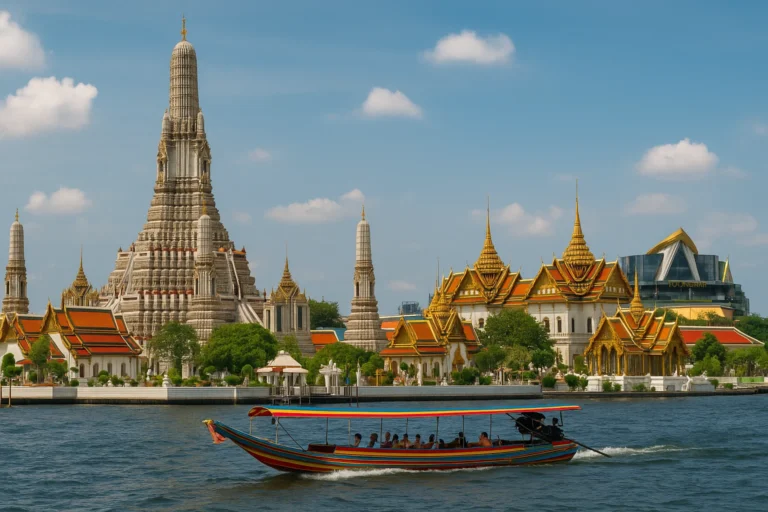 Panoramic view of Wat Arun, Grand Palace, and long-tail boat on the Chao Phraya River in Bangkok