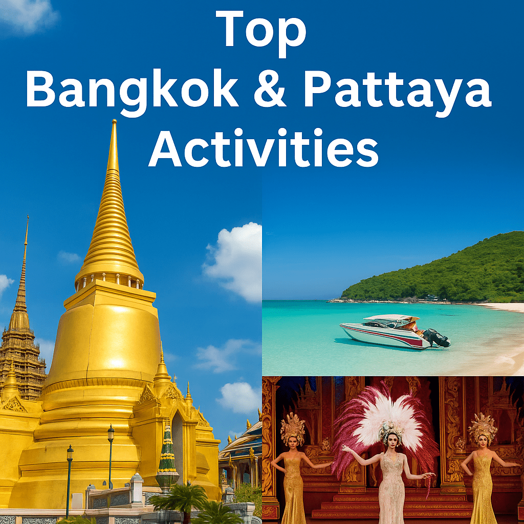 Grand Palace in Bangkok, Coral Island beach with speedboat in Pattaya, and Alcazar Cabaret performers – Top activities in Bangkok & Pattaya