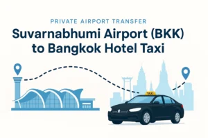 Taxi from Suvarnabhumi Airport to Bangkok hotel with airport and city skyline.