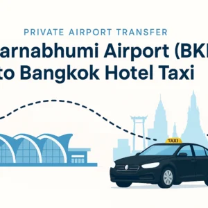 Taxi from Suvarnabhumi Airport to Bangkok hotel with airport and city skyline.