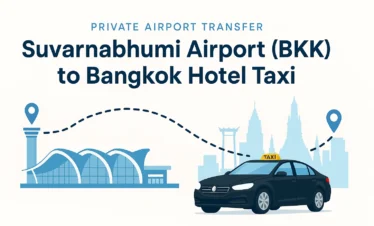 Taxi from Suvarnabhumi Airport to Bangkok hotel with airport and city skyline.