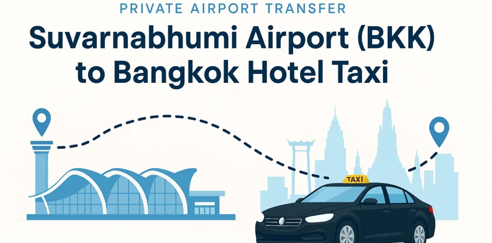 Taxi from Suvarnabhumi Airport to Bangkok hotel with airport and city skyline.