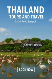 Visitors exploring Safari World Bangkok with animal shows, lush greenery, and a vibrant family-friendly environment.