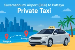 Private taxi transfer from Suvarnabhumi Airport (Bangkok) to Pattaya with city skyline, beach, and map route illustration