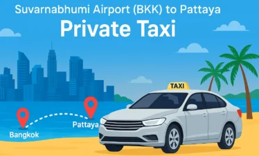 Private taxi transfer from Suvarnabhumi Airport (Bangkok) to Pattaya with city skyline, beach, and map route illustration