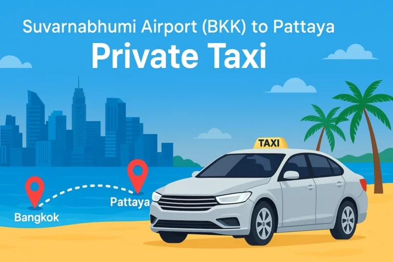 Private taxi transfer from Suvarnabhumi Airport (Bangkok) to Pattaya with city skyline, beach, and map route illustration