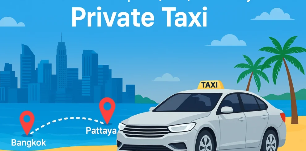 Private taxi transfer from Suvarnabhumi Airport (Bangkok) to Pattaya with city skyline, beach, and map route illustration