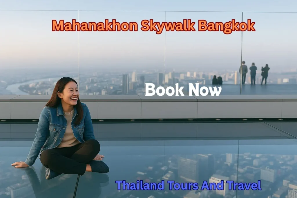 Woman enjoying Mahanakhon Skywalk experience with panoramic Bangkok skyline in the background