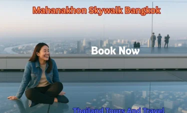 Woman enjoying Mahanakhon Skywalk experience with panoramic Bangkok skyline in the background