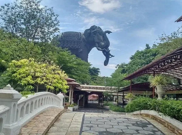 The Erawan Museum Samut Prakan with large elephant statue visible from the back pathway