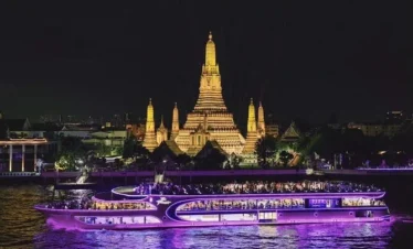 View of Wat Arun from rooftop deck of the Chao Phraya dinner cruise