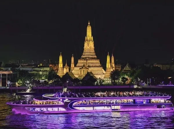 View of Wat Arun from rooftop deck of the Chao Phraya dinner cruise