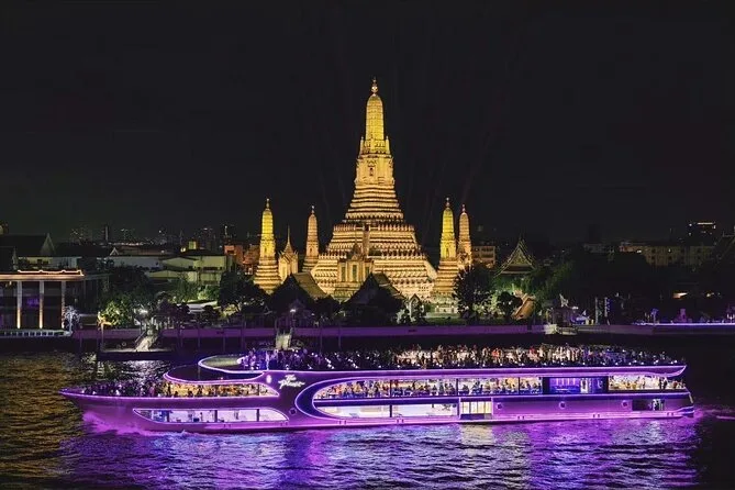 View of Wat Arun from rooftop deck of the Chao Phraya dinner cruise