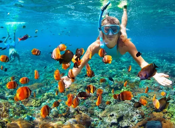 Tourist woman snorkeling underwater at Coral Island Pattaya, exploring marine life