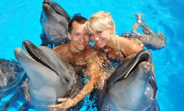 Tourist posing with a dolphin inside the water at Dolphin Show Phuket