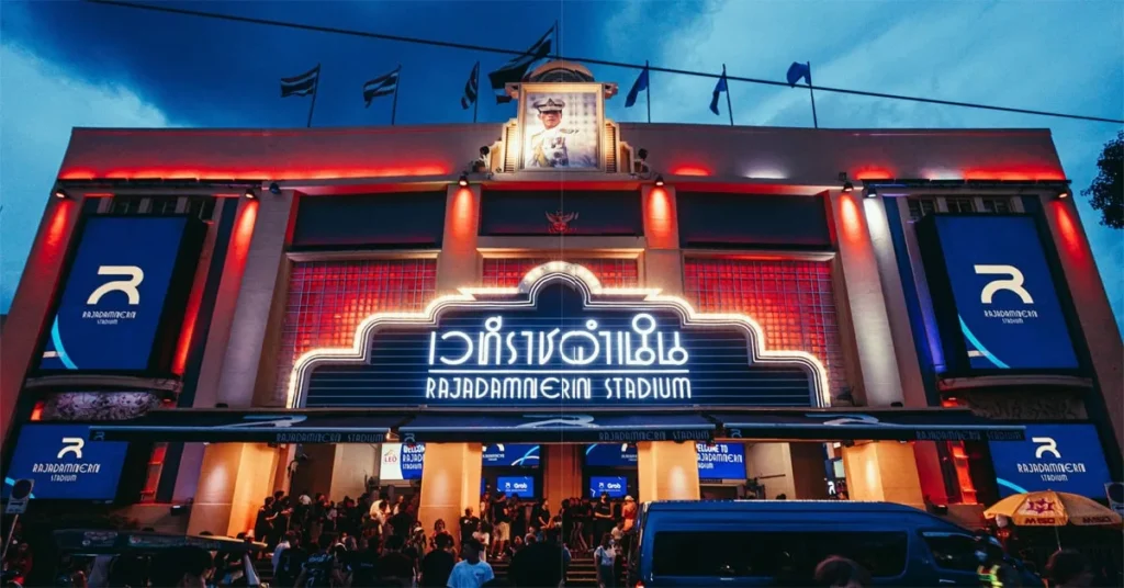 Entrance of Rajadamnern Stadium at night