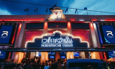 Entrance of Rajadamnern Stadium at night