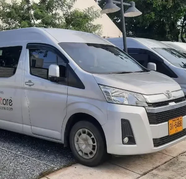 Shared hotel pickup van ready for Ayutthaya cruise guests in Bangkok