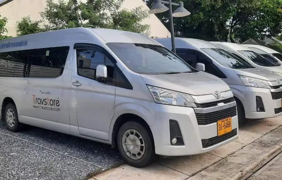 Shared hotel pickup van ready for Ayutthaya cruise guests in Bangkok