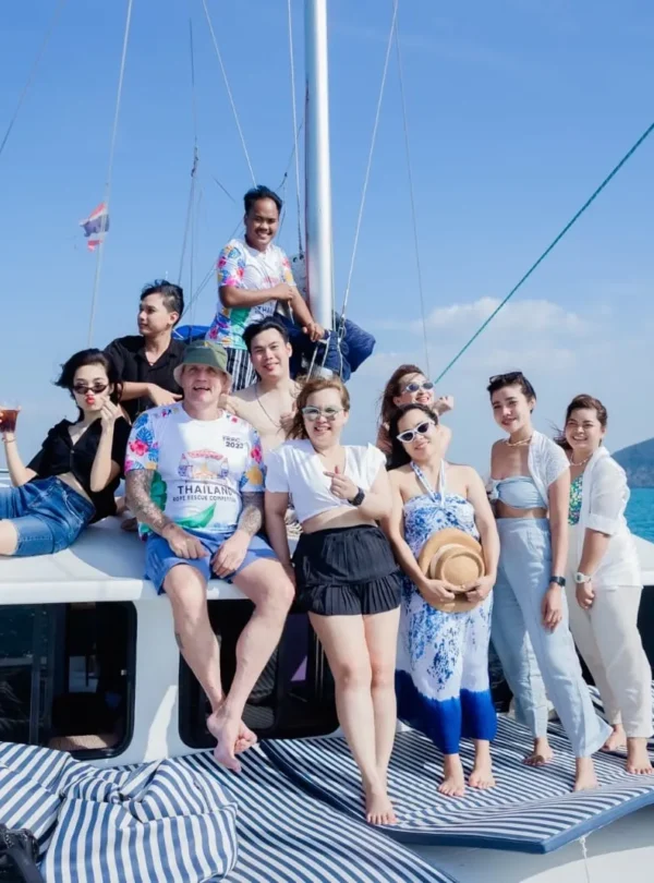 ourists and girls enjoying a lively yacht party on the deck with ocean views