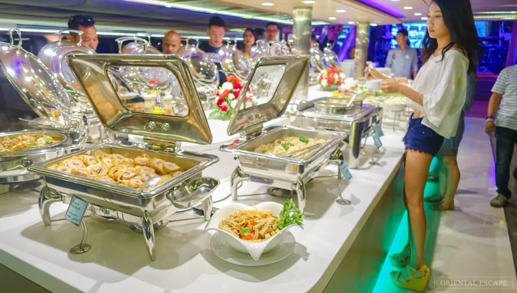 Thai and international buffet lunch setup on Grand Pearl Cruise