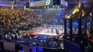 Muay Thai fighters in action at Rajadamnern Stadium Bangkok