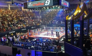 Muay Thai fighters in action at Rajadamnern Stadium Bangkok
