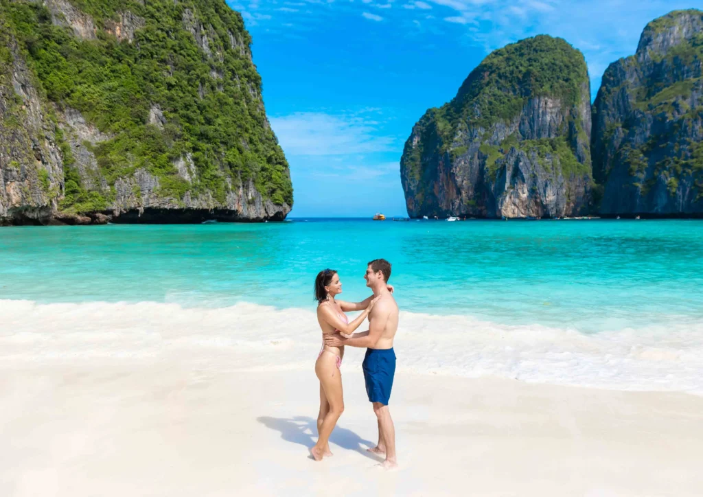 couple standing with beautiful view at Maya bay phi phi island