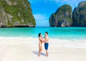 couple standing with beautiful view at Maya bay phi phi island