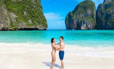 couple standing with beautiful view at Maya bay phi phi island