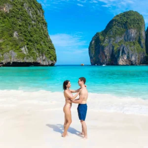 couple standing with beautiful view at Maya bay phi phi island