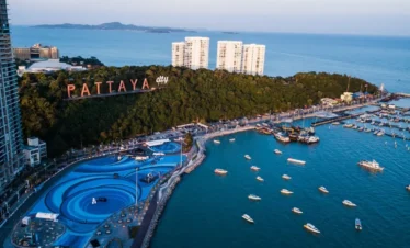 Pattaya beach view with the iconic Pattaya City sign and skyline in the background