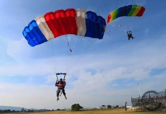 Two tandem parachutes open, descending side by side for landing in Pattaya