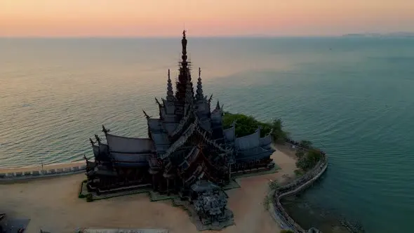 Aerial view of The Sanctuary of Truth Pattaya with sea background