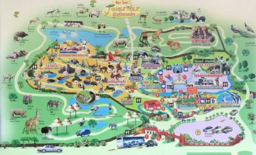 Detailed inside map of Safari World Bangkok showing Safari Park, Marine Park, animal zones, and show locations.