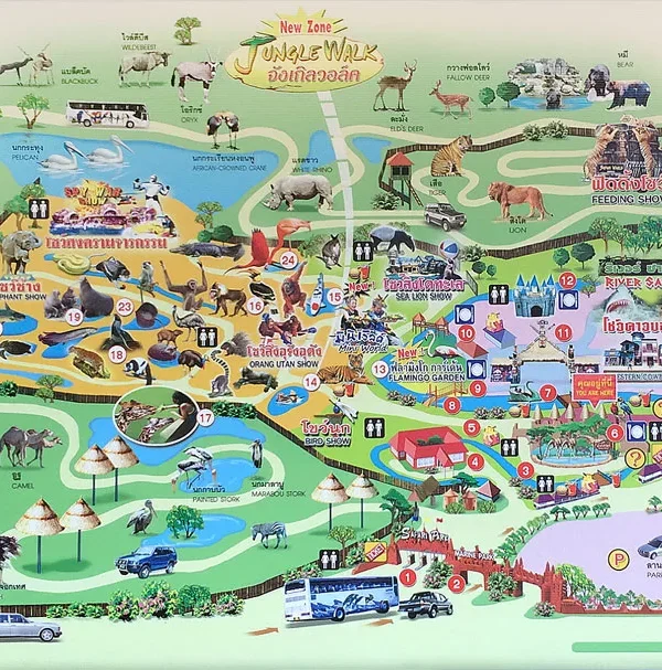 Detailed inside map of Safari World Bangkok showing Safari Park, Marine Park, animal zones, and show locations.
