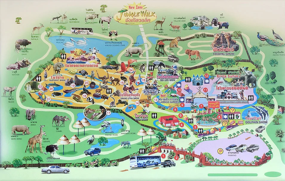 Detailed inside map of Safari World Bangkok showing Safari Park, Marine Park, animal zones, and show locations.