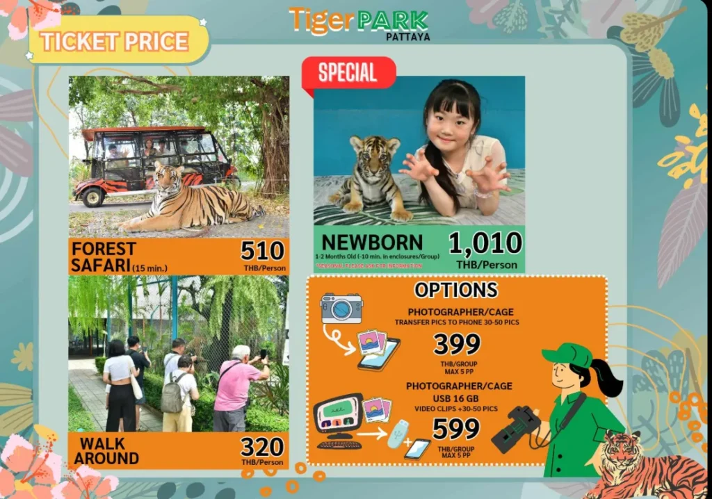 Tiger park Ticket price brouchre showing prices walk around and Forest safari