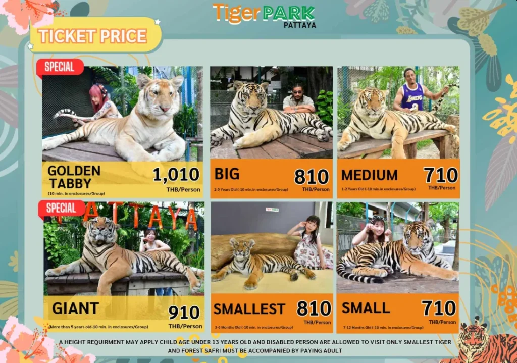 Tiger Park Pattya showing price with big tgier medum ticker and other